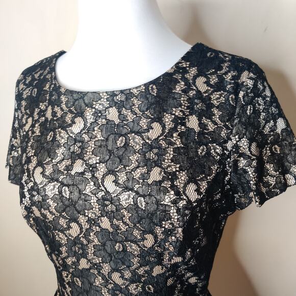 Mango Lace Peplum Top Short Sleeve Black Nude Blouse - Picture 5 of 8